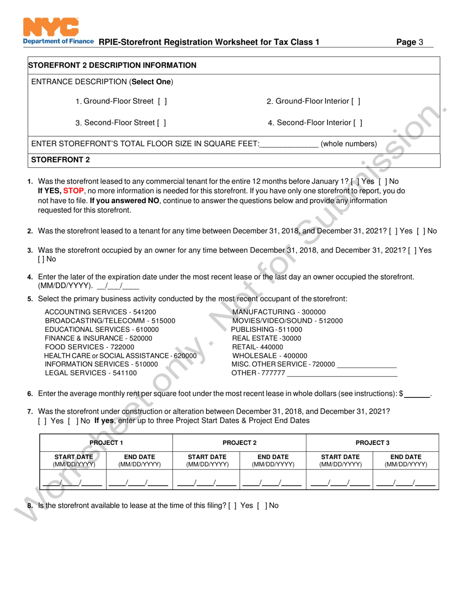 New York City RpieStorefront Registration Worksheet for Tax Class 1
