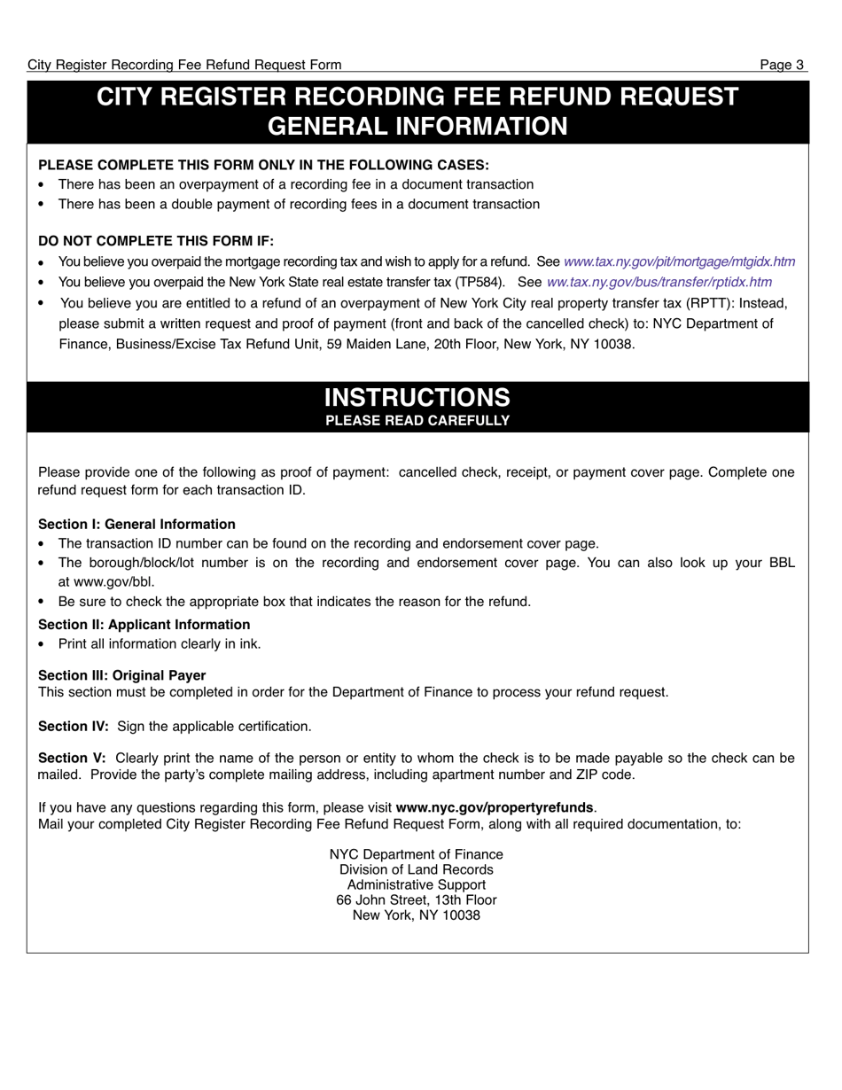 New York City City Register Recording Fee Refund Request Download