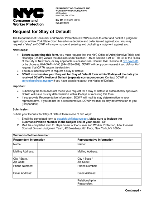 Request for Stay of Default - New York City Download Pdf