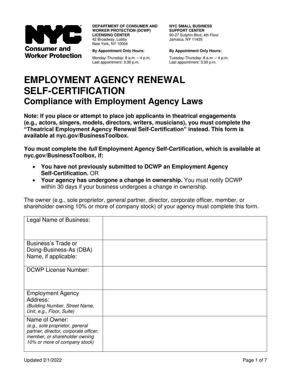 Employment Agency Renewal Self-certification - New York City, Page 1