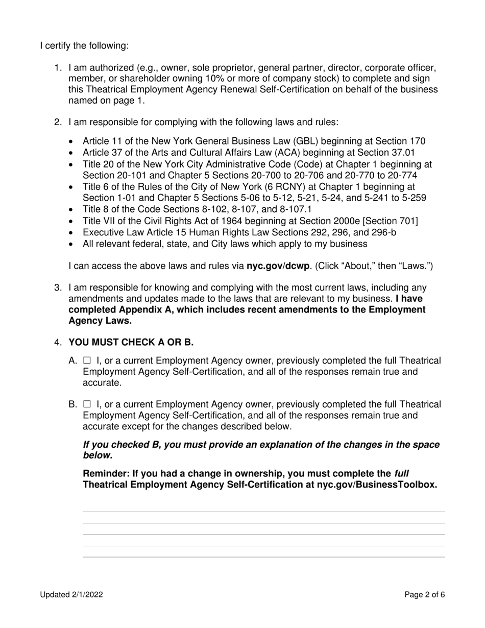 Theatrical Employment Agency Renewal Self-certification - New York City, Page 2
