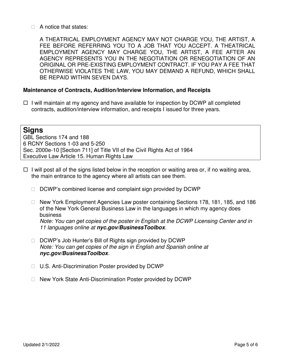 Theatrical Employment Agency Renewal Self-certification - New York City, Page 5