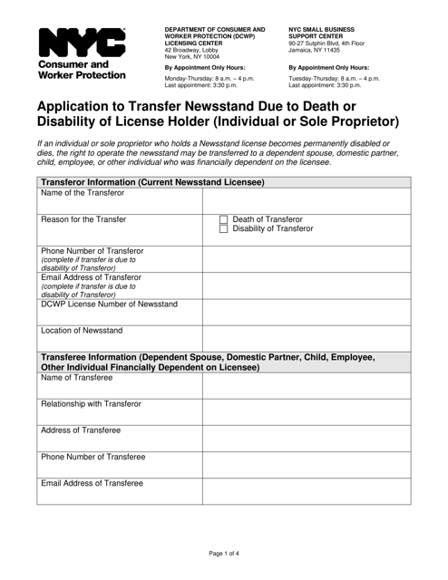 Application to Transfer Newsstand Due to Death or Disability of License Holder (Individual or Sole Proprietor) - New York City Download Pdf
