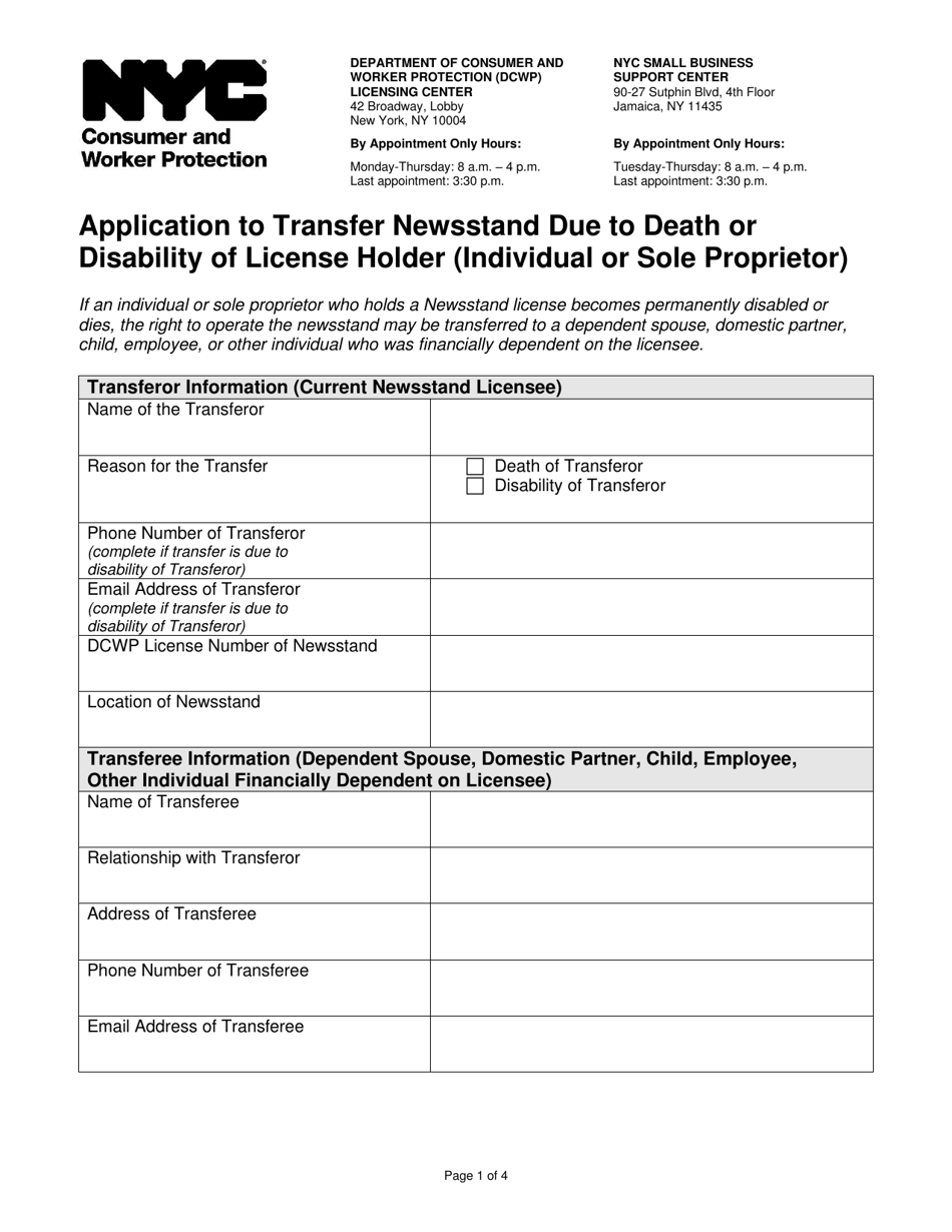 Application to Transfer Newsstand Due to Death or Disability of License Holder (Individual or Sole Proprietor) - New York City, Page 1