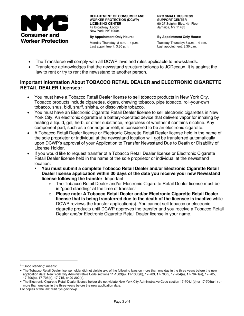 Application to Transfer Newsstand Due to Death or Disability of License Holder (Individual or Sole Proprietor) - New York City, Page 3
