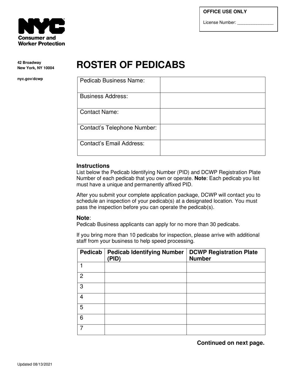 New York City Roster of Pedicabs Download Printable PDF | Templateroller