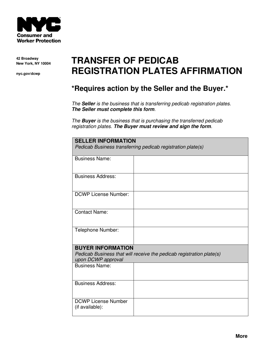 Transfer of Pedicab Registration Plates Affirmation - New York City, Page 1