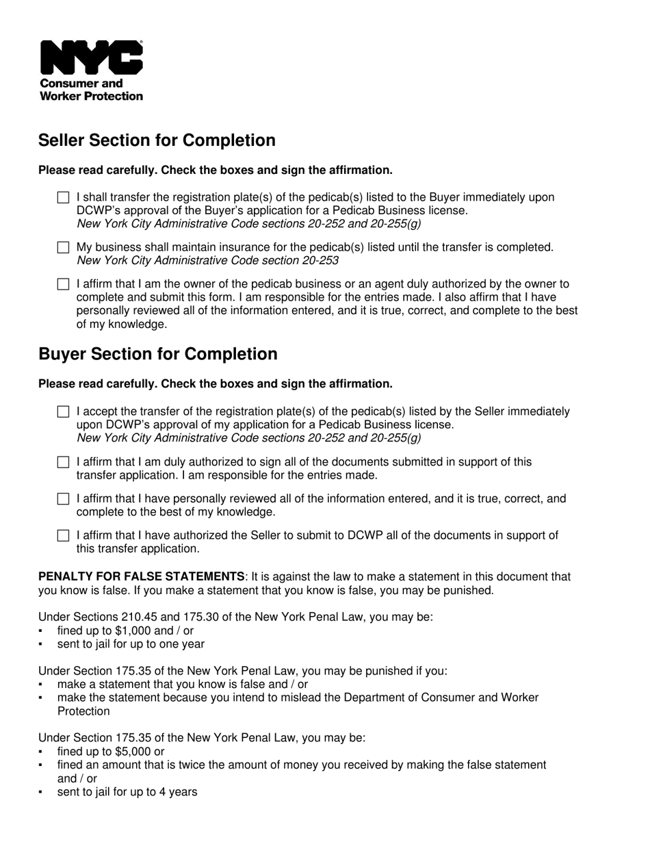 Transfer of Pedicab Registration Plates Affirmation - New York City, Page 3