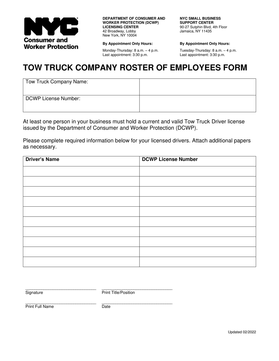 Tow Truck Company Roster of Employees Form - New York City, Page 1