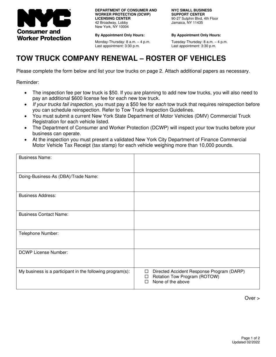 Tow Truck Company Renewal - Roster of Vehicles - New York City, Page 1