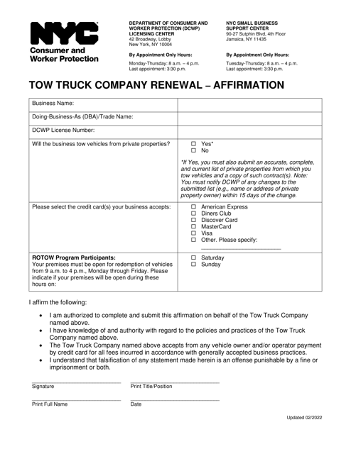 Tow Truck Company Renewal - Affirmation - New York City