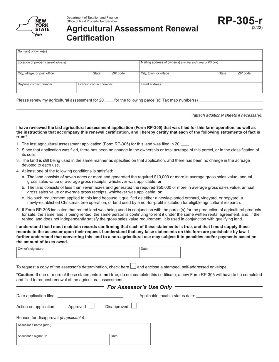 Form RP-305-R Agricultural Assessment Renewal Certification - New York, Page 1