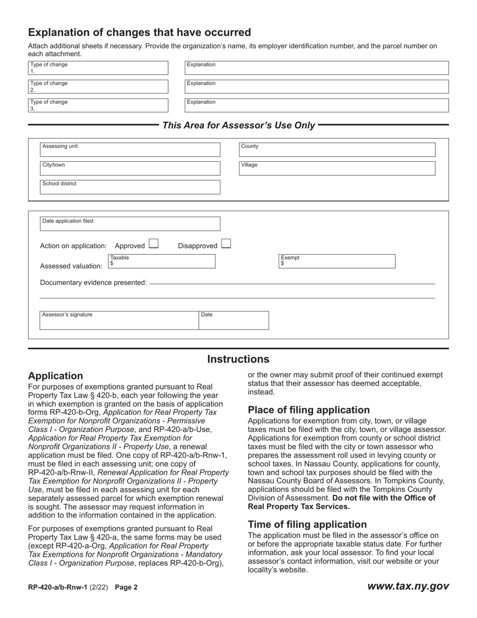 Form RP-420-A / B-RNW-1 Part 1 Renewal Application for Real Property Tax Exemption for Nonprofit Organizations - Organization Purpose - New York, Page 2