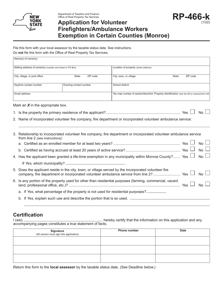 Form RP-466-K Application for Volunteer Firefighters / Ambulance Workers Exemption in Certain Counties (Monroe) - New York, Page 1