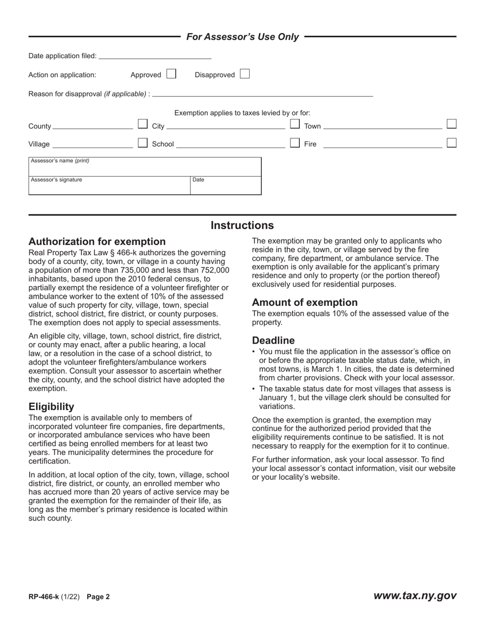 Form RP-466-K Application for Volunteer Firefighters / Ambulance Workers Exemption in Certain Counties (Monroe) - New York, Page 2