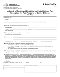 Form RP-467-AFF/S Affidavit of Continued Eligibility for Partial School Tax Exemption for Real Property of Senior Citizens - New York
