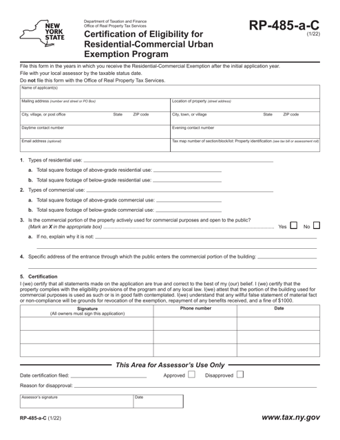 Form RP-485-A-C Certification of Eligibility for Residential-Commercial Urban Exemption Program - New York