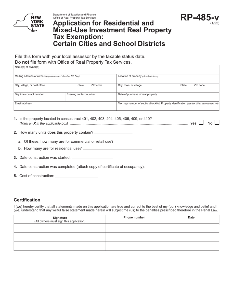 Form RP-485-V Application for Residential and Mixed-Use Investment Real Property Tax Exemption: Certain Cities and School Districts - New York, Page 1