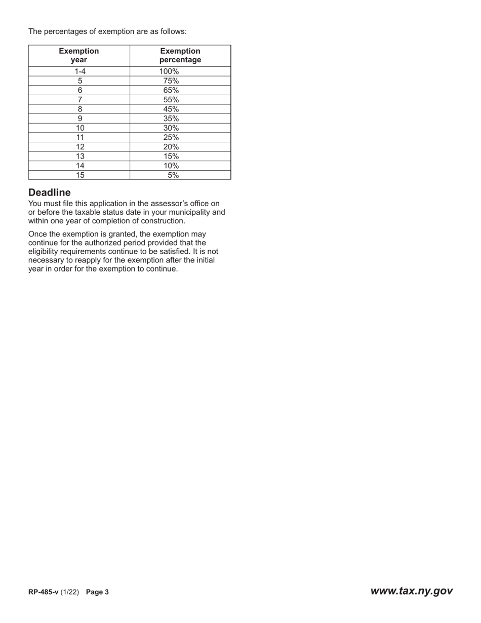 Form RP-485-V Application for Residential and Mixed-Use Investment Real Property Tax Exemption: Certain Cities and School Districts - New York, Page 3