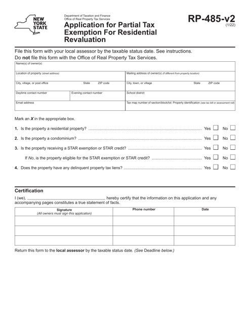Form RP-485-V2 Application for Partial Tax Exemption for Residential Revaluation - New York