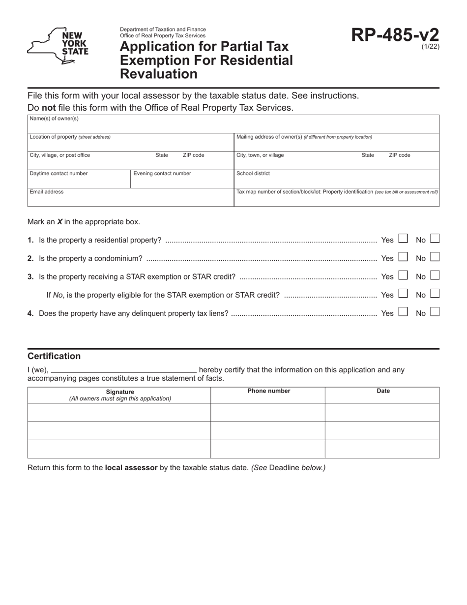 Form RP-485-V2 Application for Partial Tax Exemption for Residential Revaluation - New York, Page 1
