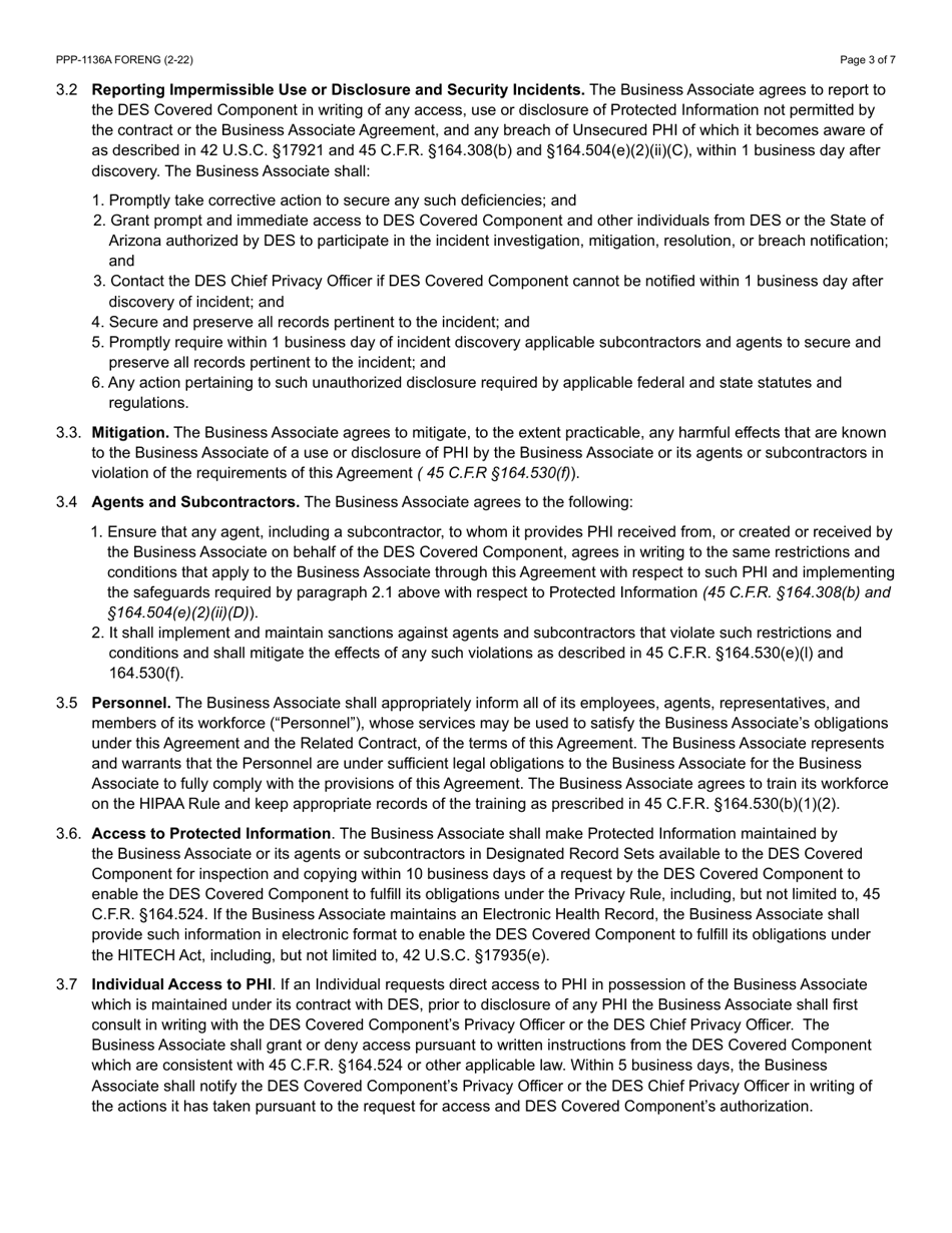 Form PPP-1136A Business Associate Agreement - Health Insurance Portability and Accountability Act of 1996 - Arizona, Page 3