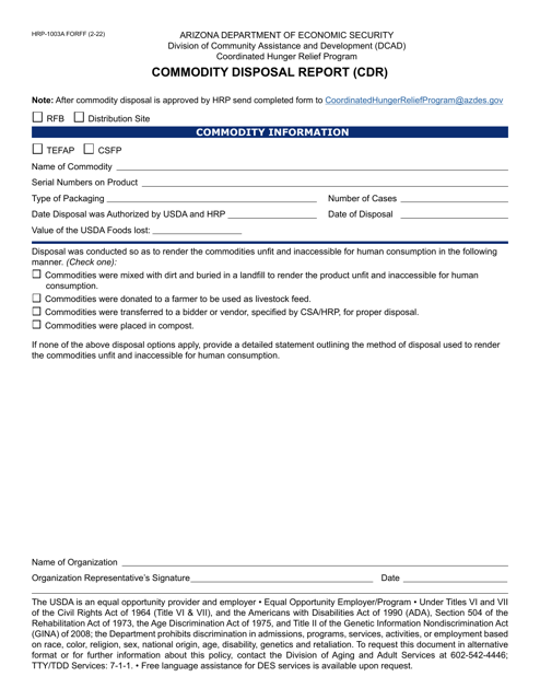 Form HRP-1003A Commodity Disposal Report (Cdr) - Arizona