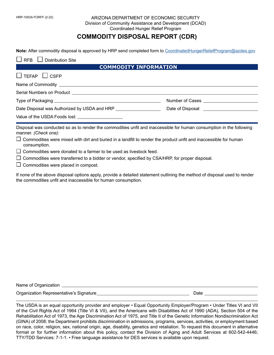 Form HRP-1003A Commodity Disposal Report (Cdr) - Arizona, Page 1