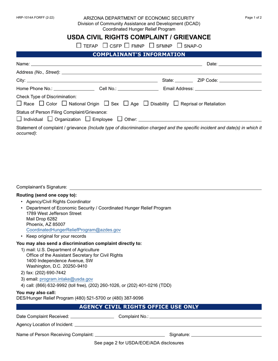 Form HRP-1014A Usda Civil Rights Complaint / Grievance - Arizona, Page 1