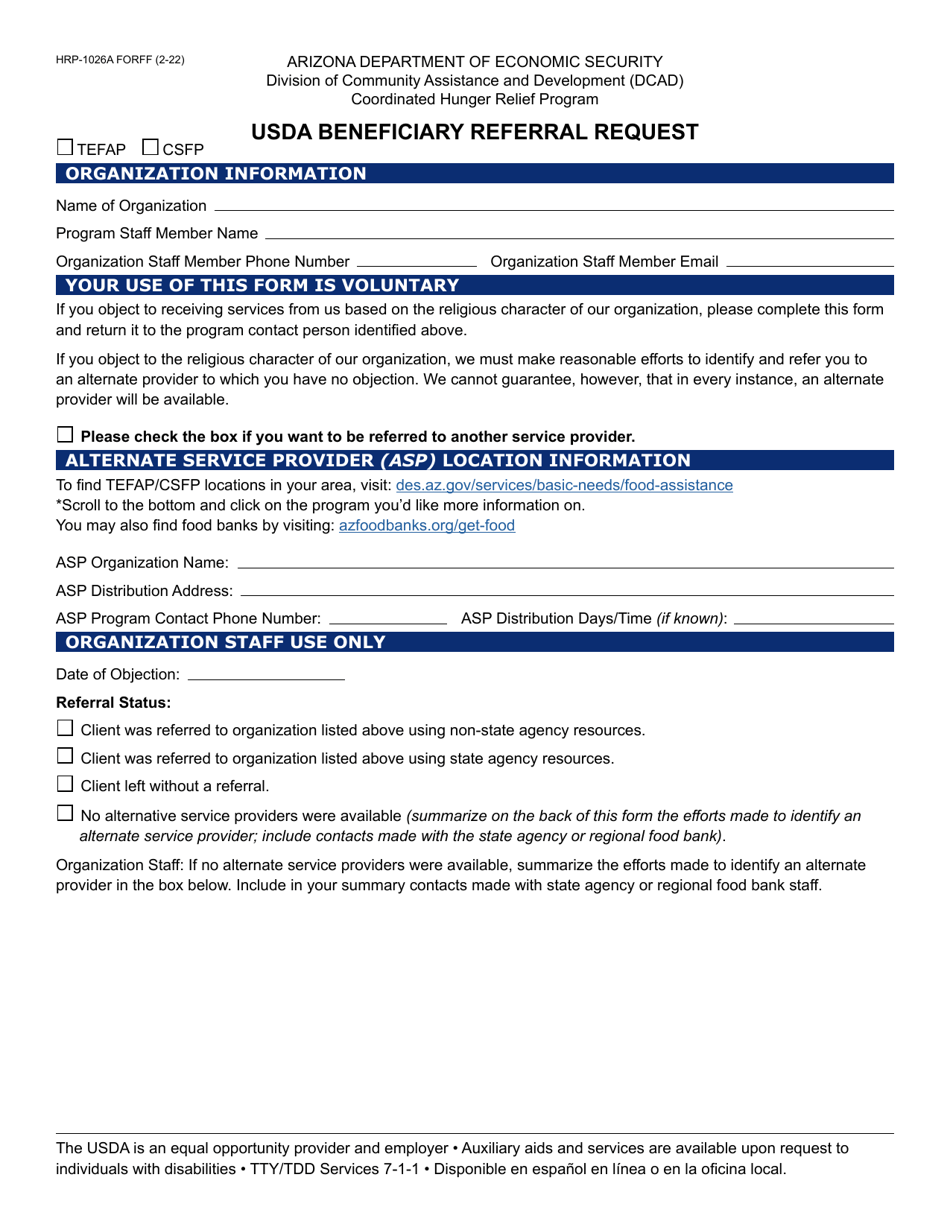Form HRP-1026A Usda Beneficiary Referral Request - Arizona, Page 1