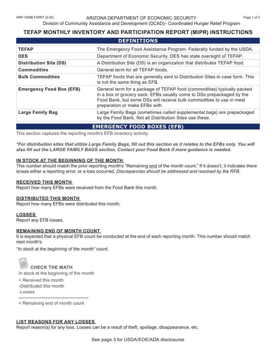 Instructions for Form HRP-1005A Tefap Monthly Inventory and Participation Report (MIPR) - Arizona, Page 1