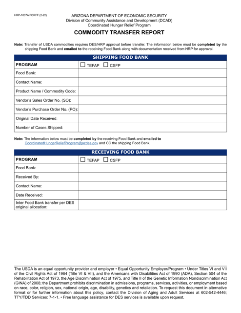 Form HRP-1007A Commodity Transfer Report - Arizona