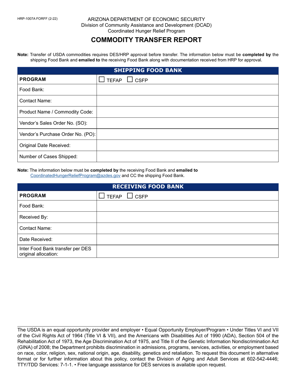 Form HRP-1007A Commodity Transfer Report - Arizona, Page 1