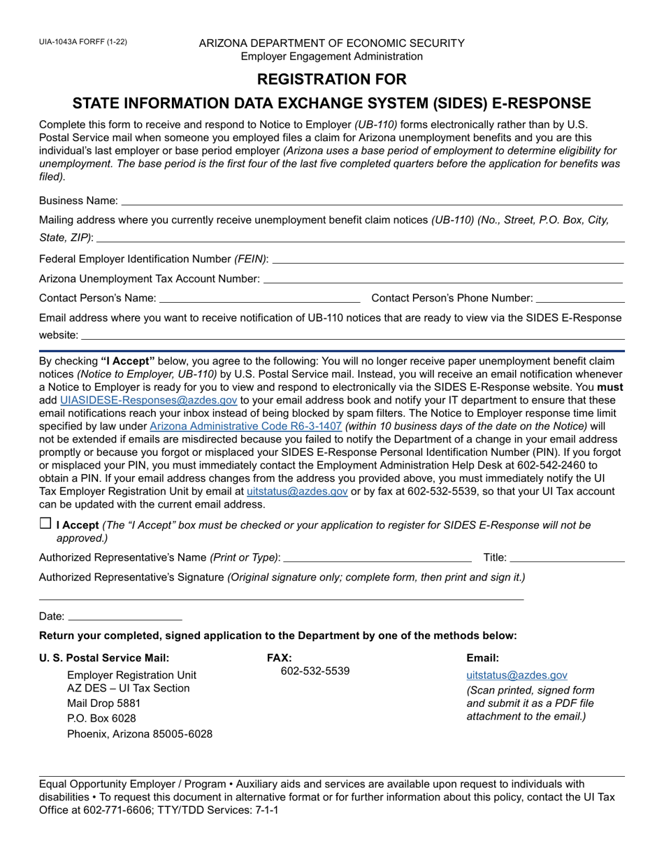 Form UIA-1043A Registration for State Information Data Exchange System (Sides) E-Response - Arizona, Page 1