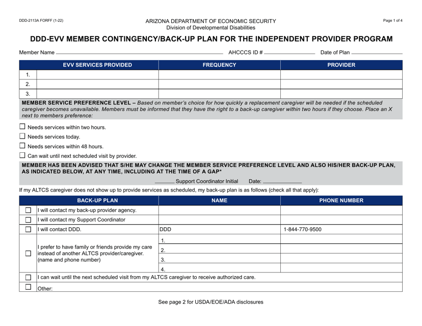 Form DDD-2113A Ddd-Evv Member Contingency/Back-Up Plan for the Independent Provider Program - Arizona