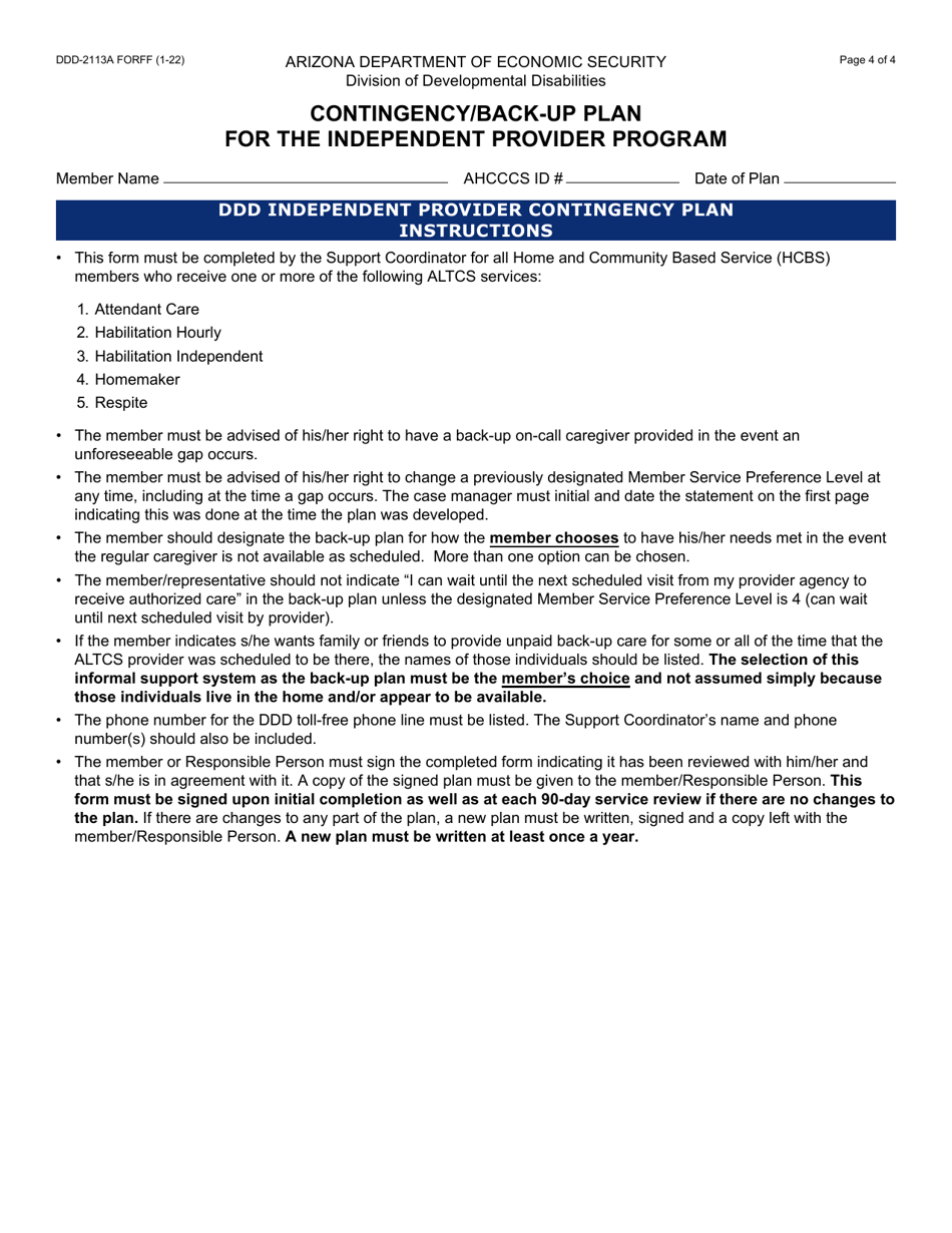 Form DDD-2113A Ddd-Evv Member Contingency / Back-Up Plan for the Independent Provider Program - Arizona, Page 4
