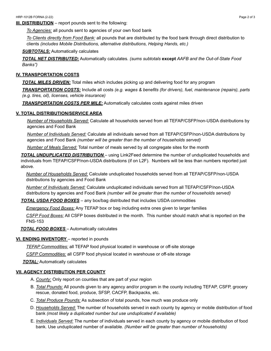 Instructions for Form HRP-1012A Food Distribution Monthly Statistical Report - the Emergency Food Assistance Program (Tefap) - Arizona, Page 2