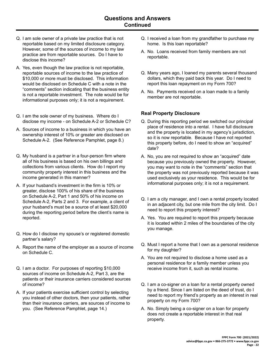 FPPC Form 700 Statement of Economic Interests - California, Page 22