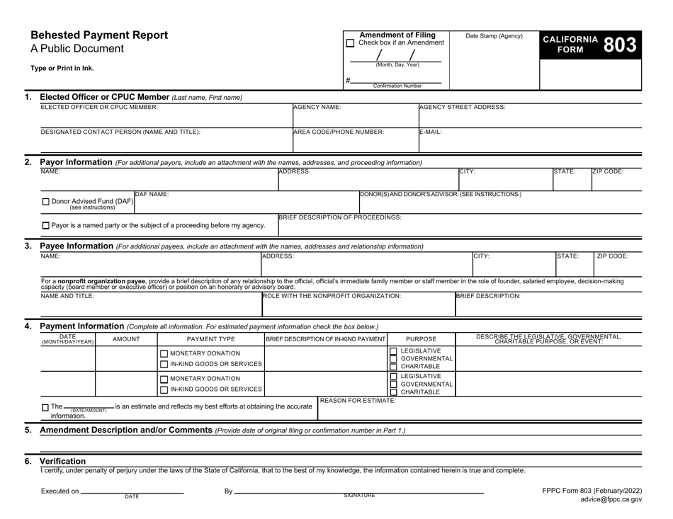 FPPC Form 803 Behested Payment Report - California, Page 1