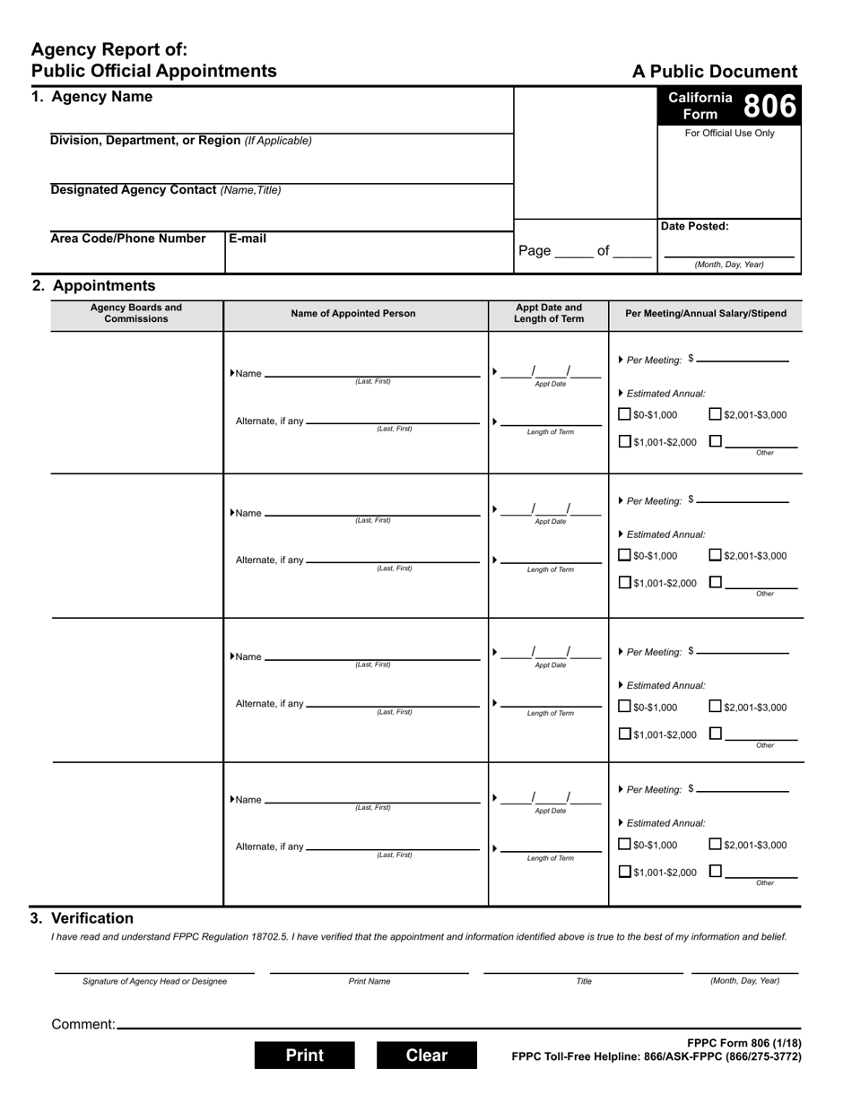 FPPC Form 806 Agency Report of Public Official Appointments - California, Page 1