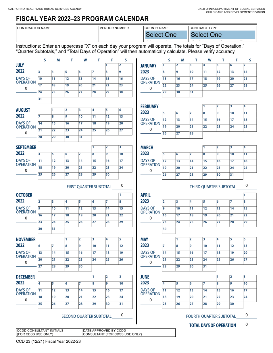 Form CCD23 Program Calendar - California, Page 1