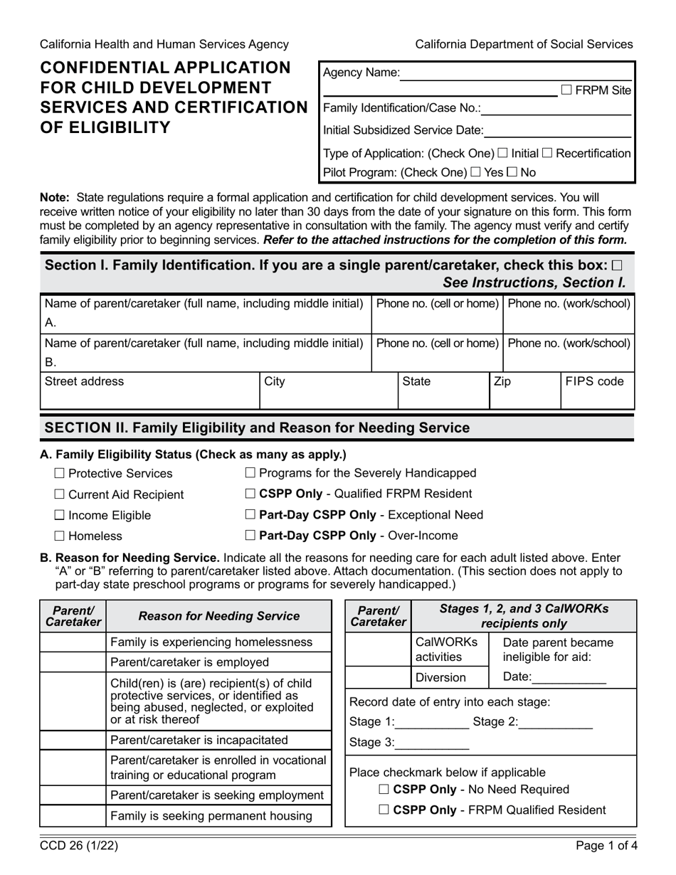 Form CCD26 Confidential Application for Child Development Services and Certification of Eligibility - California, Page 1