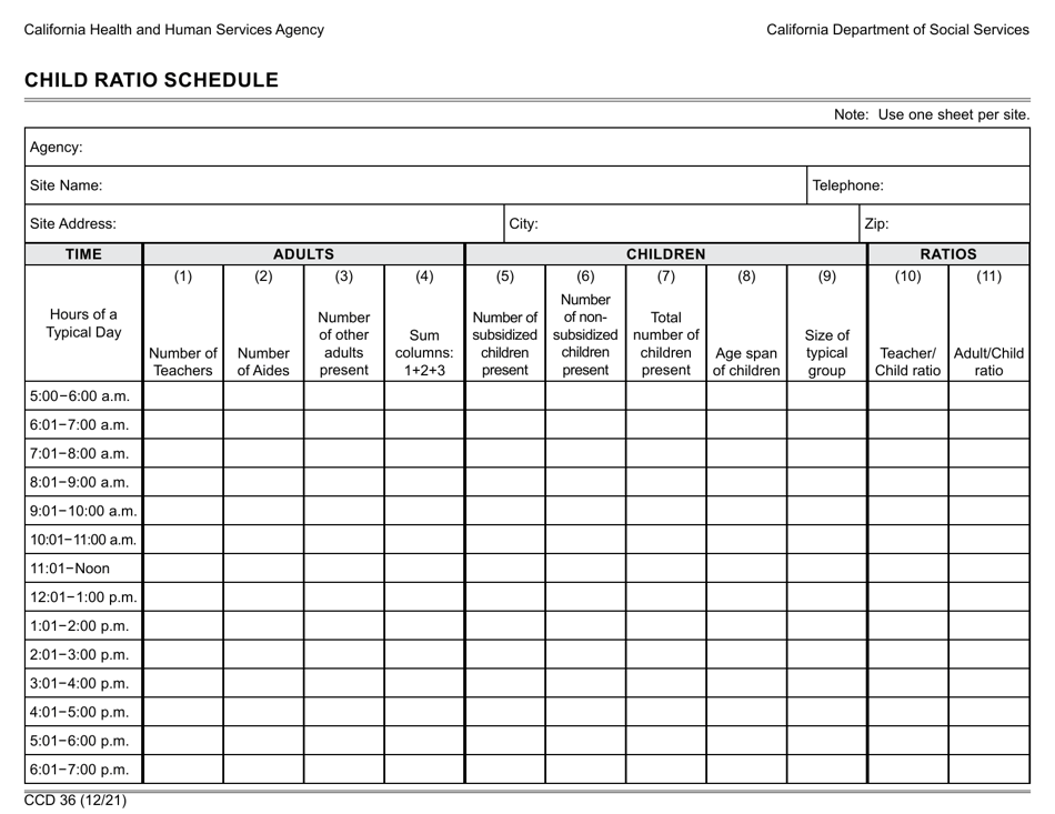 Form CCD36 Child Ratio Schedule - California, Page 1