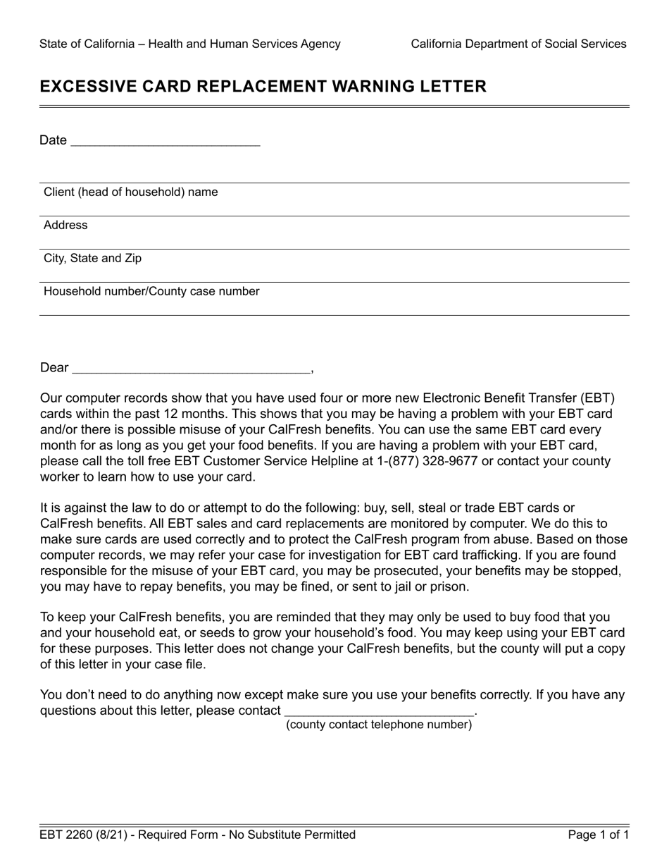 Form EBT2260 Excessive Card Replacement Warning Letter - California, Page 1