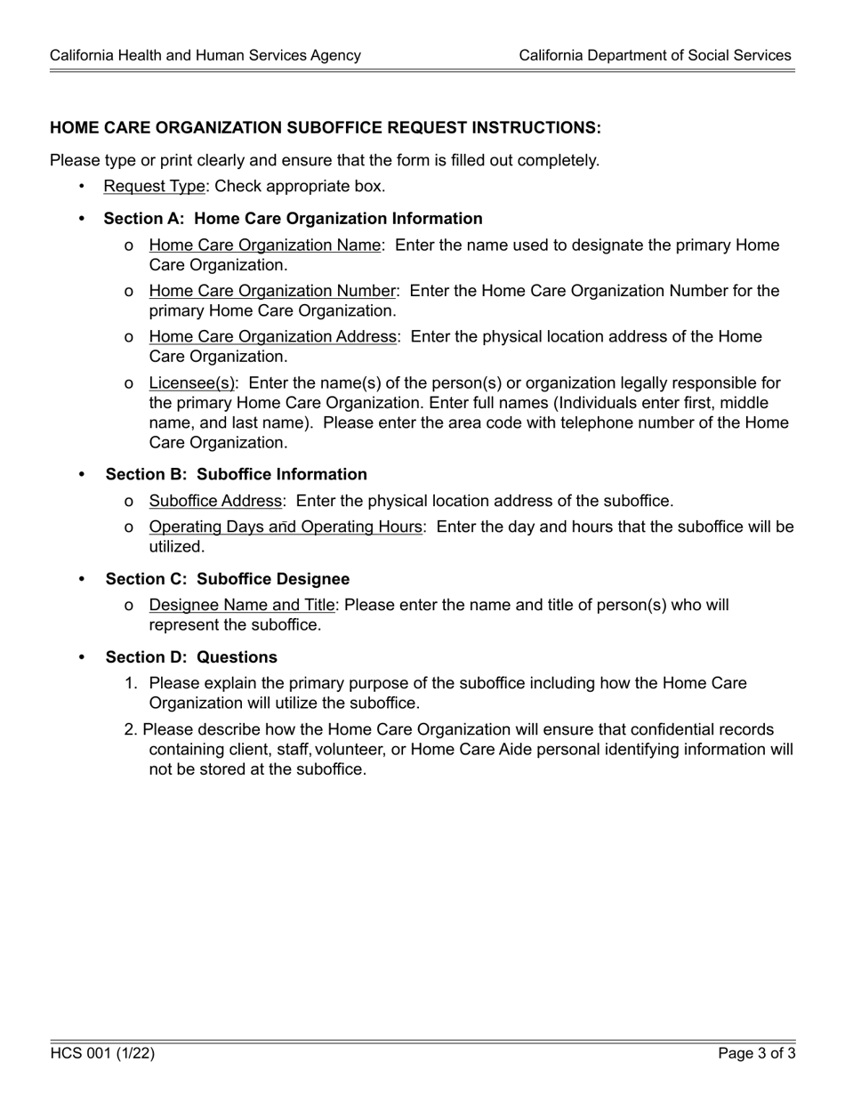 Form HCS001 Home Care Organization Suboffice Request - California, Page 3