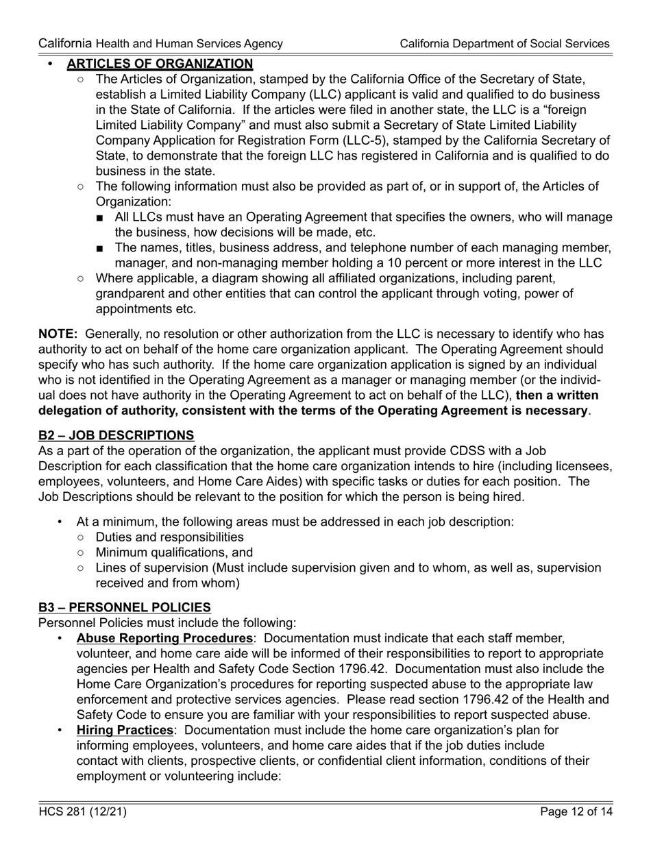 Form HCS281 Application Instructions for a Home Care Organization License - California, Page 12