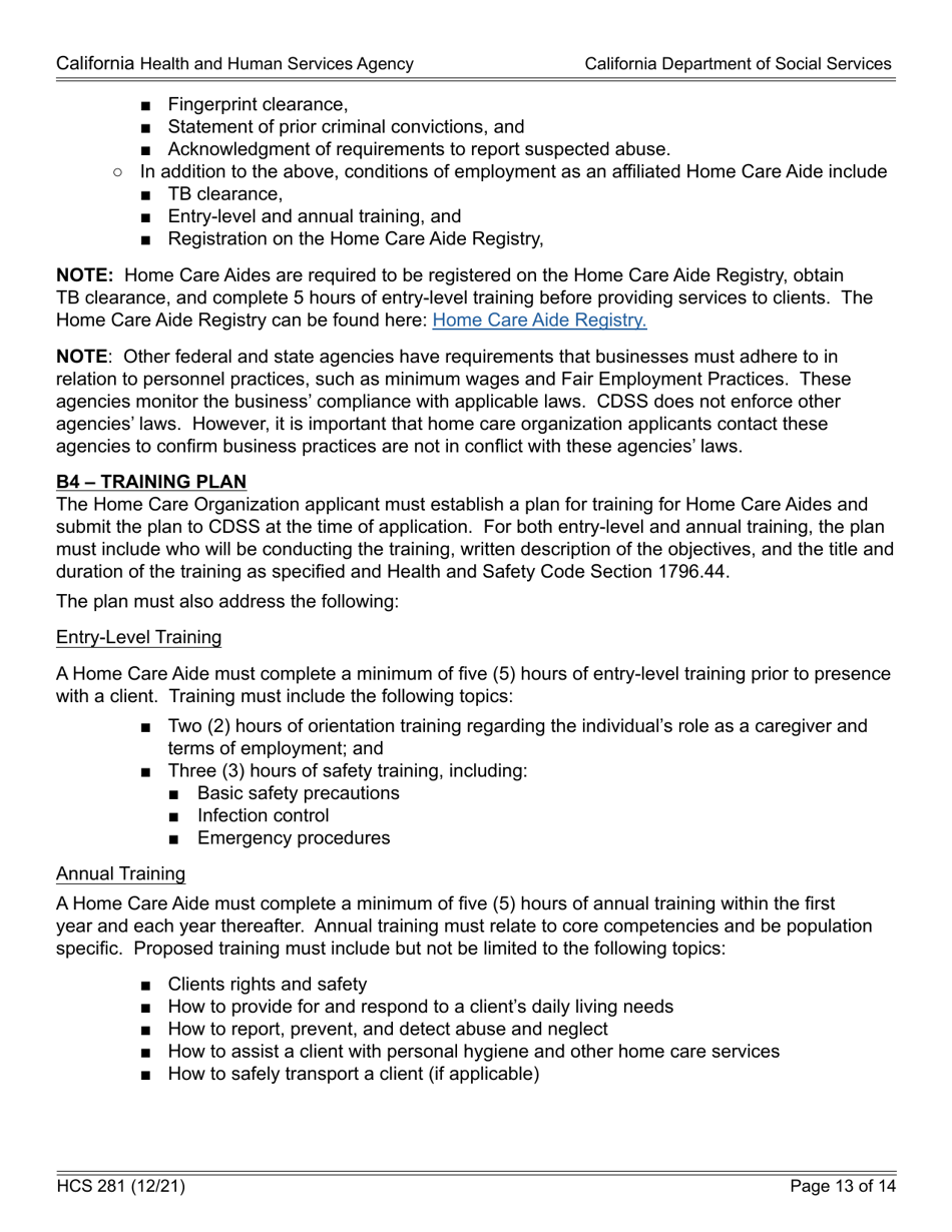 Form HCS281 Application Instructions for a Home Care Organization License - California, Page 13