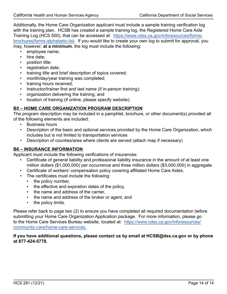 Form HCS281 Application Instructions for a Home Care Organization License - California, Page 14