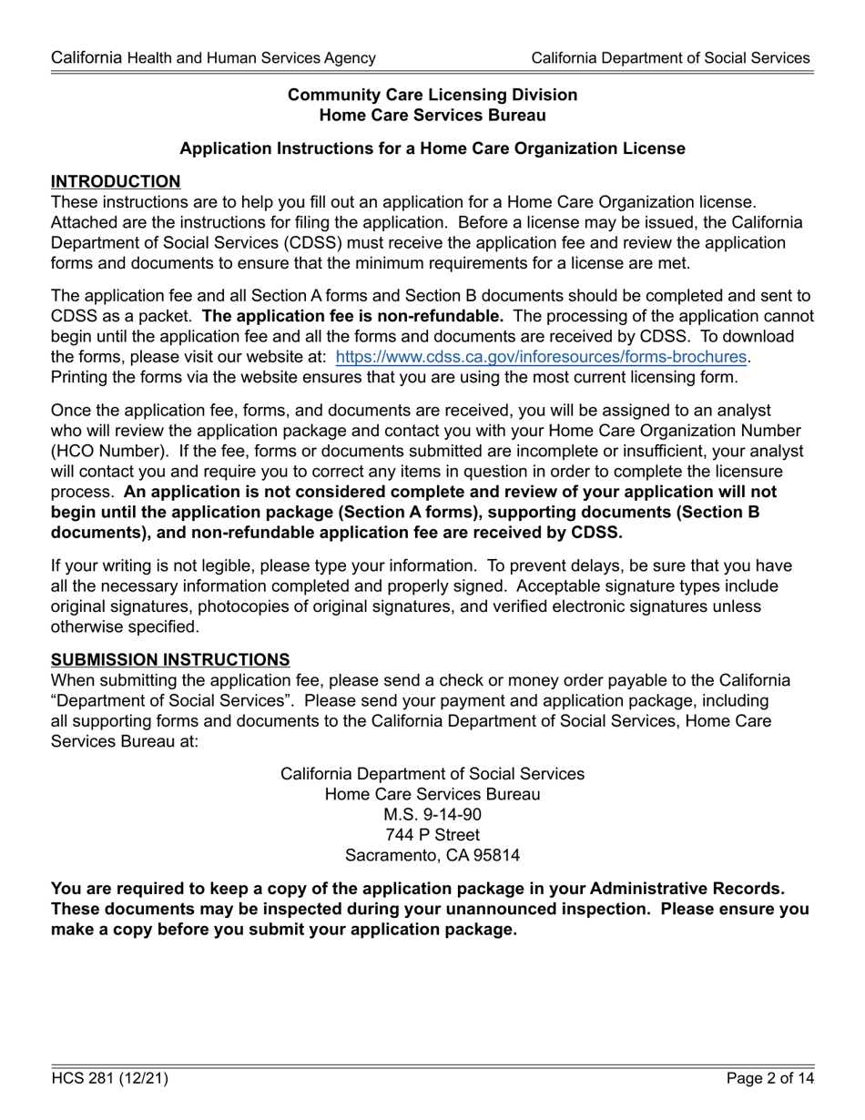 Form HCS281 Application Instructions for a Home Care Organization License - California, Page 2