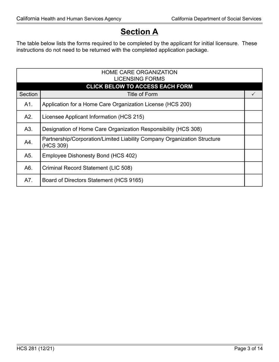 Form HCS281 Application Instructions for a Home Care Organization License - California, Page 3